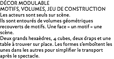 DÉCOR MODULABLE MOTIFS, VOLUMES, JEU DE CONSTRUCTION Les acteurs sont seuls sur scène.
Ils sont entourés de volumes géométriques recouverts de motifs. Une face = un motif = une scène.
Deux grands hexaèdres, 4 cubes, deux draps et une table à trouver sur place. Les formes s’emboîtent les unes dans les autres pour simplifier le transport après le spectacle.